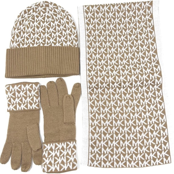 Michael Kors Women's Logo Scarf, Hat set, Camel/Cream * GLOVES NOT INCLUDED * - Picture 2 of 6